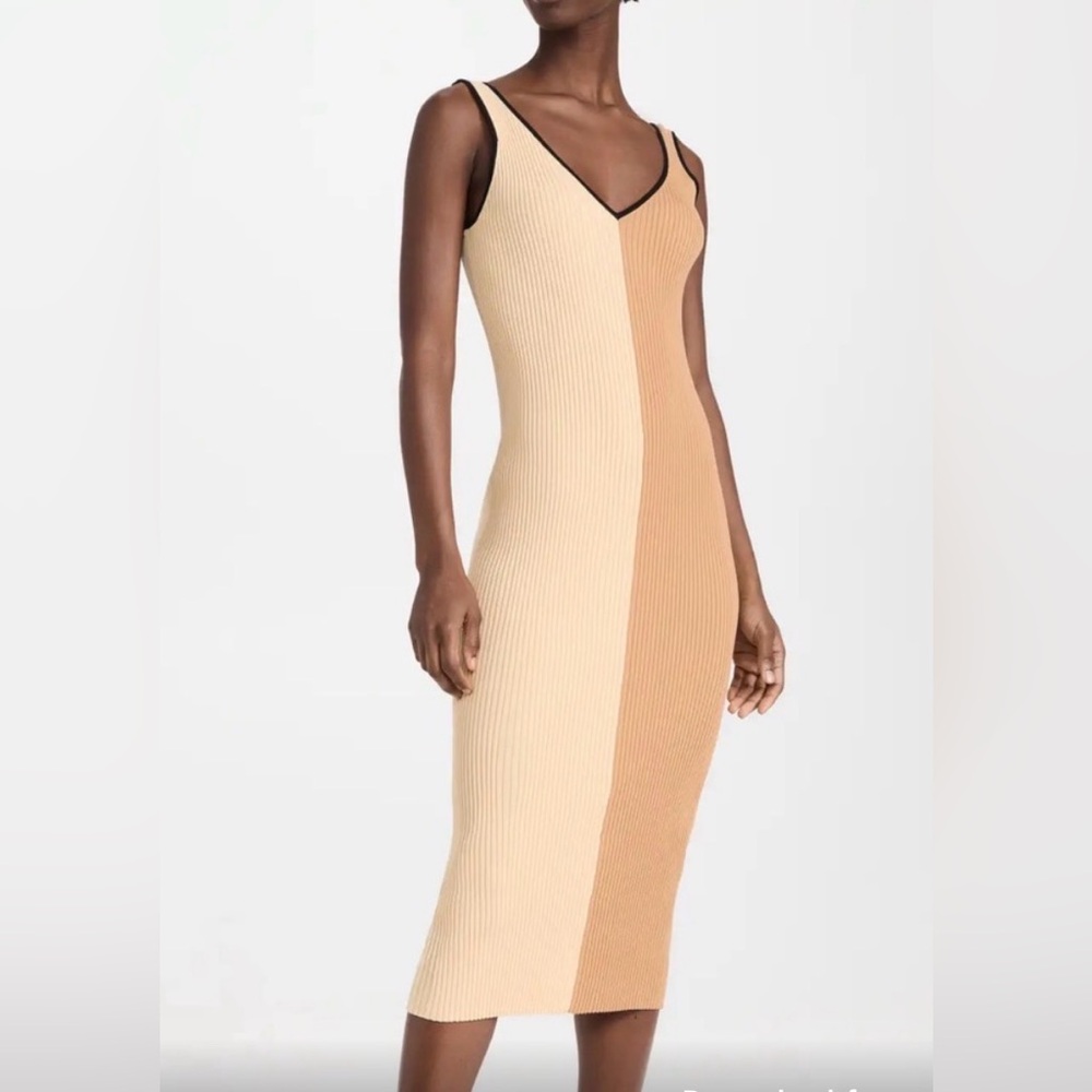 STAUD V Neck Ribbed Midi Dress Cream and Tan - Picture 2 of 9